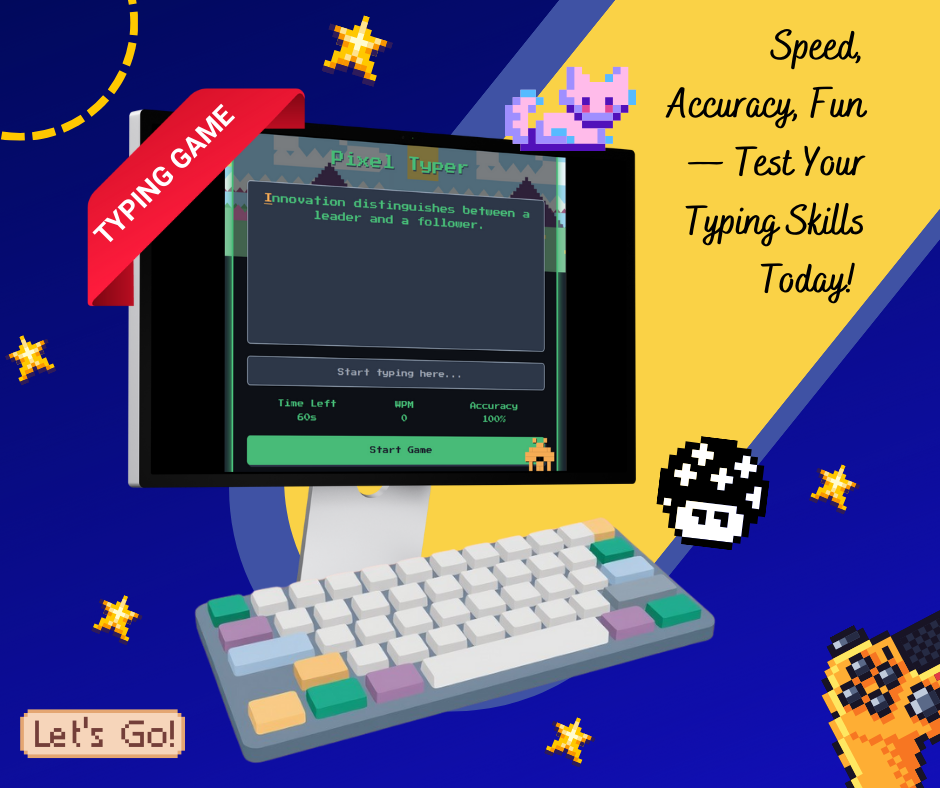 Typing game interface with colorful graphics